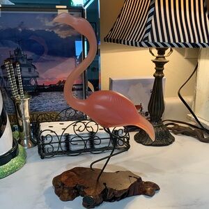 Vintage John Perry flamingo sculpture Pink Pellucida, wire & burl wood base. 12”